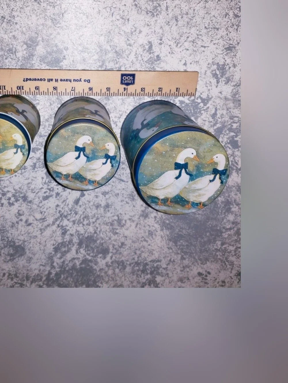 Snow Geese Goose Duck Canister Tin 3 Pc Nesting 1980's Vintage Blue Bows Taiwan.